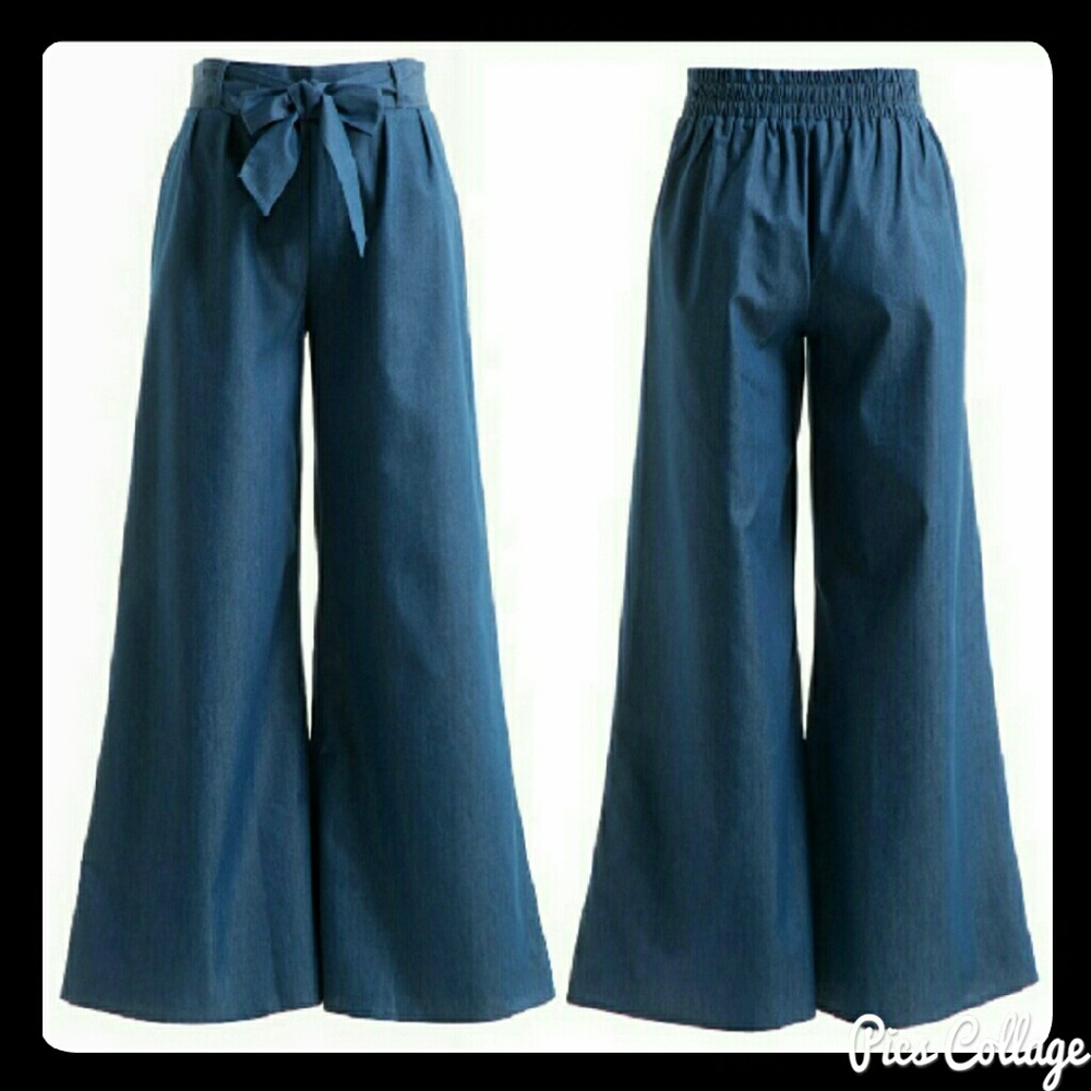 Blue Chambray Wide-Leg Dress Pants